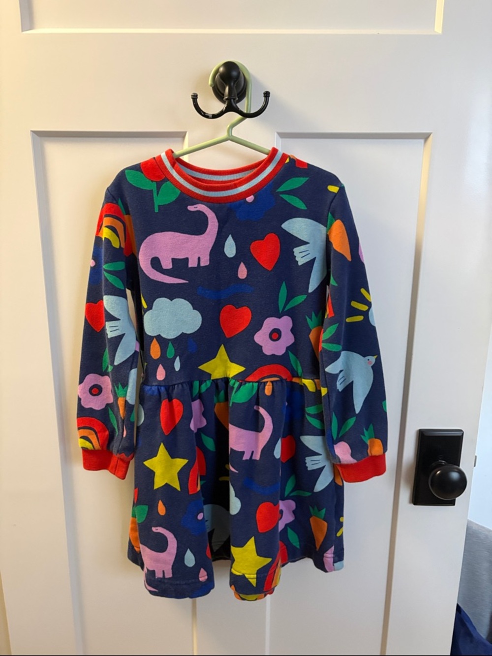 Mini Boden Kids Navy Dress with Colorful Dino & Nature Print